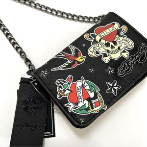 ED HARDY Tattoo Print Mini Crossbody Wallet Bag Skull Heart Anchor Art NWT Black